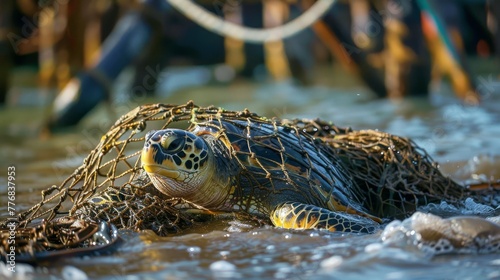 A lone sea turtle trapped in fishing nets abandoned in the ocean