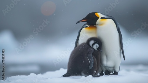 A family of penguins huddling together on diminishing sea ice, portraying the vulnerability of polar species to melting polar regions photo