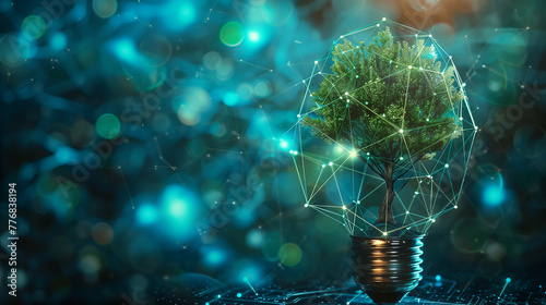 Digital Green Technology and Sustainable Energy Concept . A digital artwork featuring a tree within a lightbulb against a network backdrop, symbolizing the fusion of nature and technology for a sustai