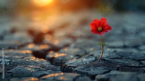 A single red poppy flower grows resiliently through cracked earth against a blurred sunset background. 