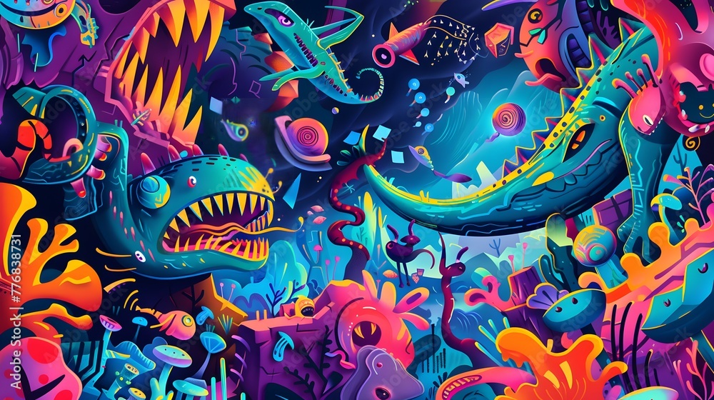 Vibrant Underwater Scene with Fantastical Creatures and Colorful Coral, Illustrating Biodiversity
