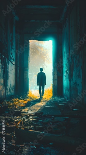 Silhouetted Figure Approaching a Bright Gateway in an Abandoned Building  Metaphor for Hope