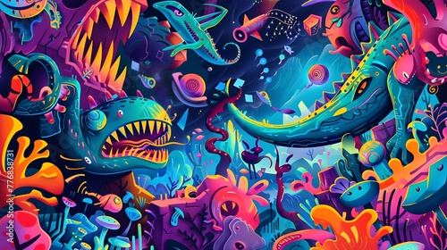 Vibrant Underwater Scene with Fantastical Creatures and Colorful Coral  Illustrating Biodiversity