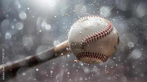 A detailed close-up of a baseball bat hitting a ball during rainy weather  highlighting the elements of power and precision in sports