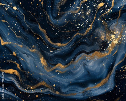 Abstract blue and gold marble background, watercolor illustration of fluid patterns with glittering stars