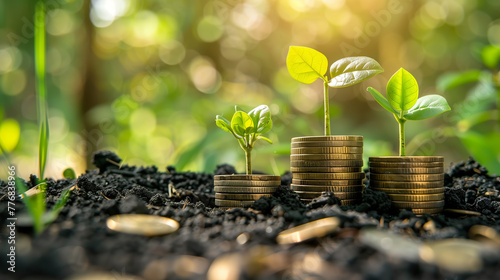 Investment Growth Concept with Coins and Plant . A plant sprouts from a stack of coins, symbolizing growth and investment in a lush, green environment with a sunlit background. 