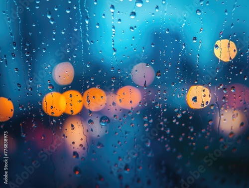 Abstract bokeh lights on wet window, with vivid warm tones and water droplets creating a cozy, rainy evening atmosphere.