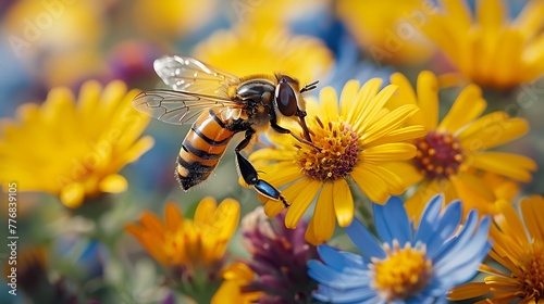 A close-up shot of a honeybee pollinating vibrant yellow and blue flowers against a blurred background.  © Vivid Canvas