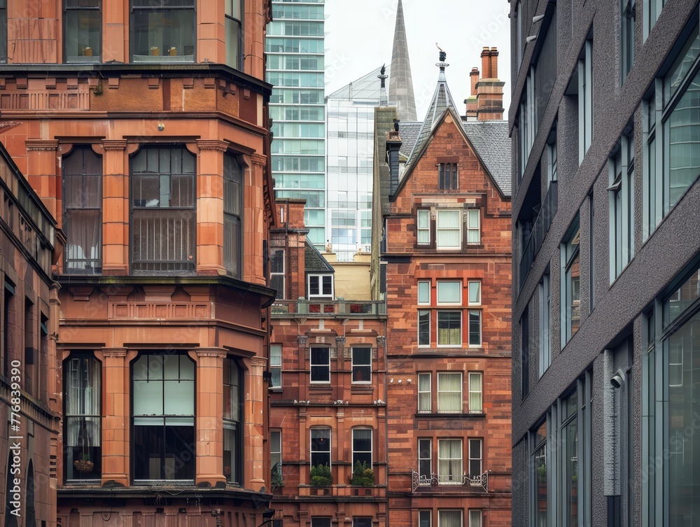 Naklejka premium Weathered brick facades with aged windows line a narrow Parisian street, showcasing the city's historic architecture
