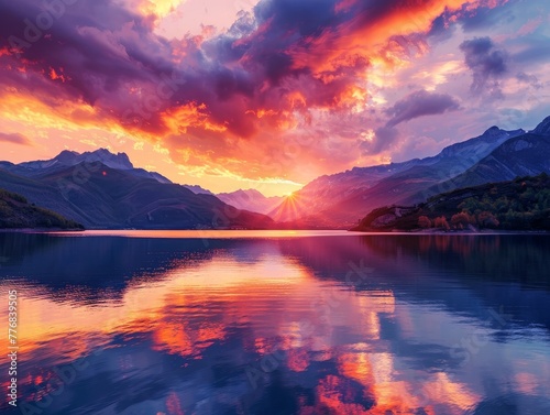 Orange and red hues fill the dusk sky over a calm mountain lake