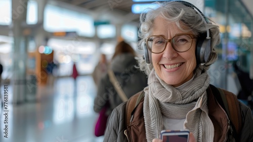 A smiling mature woman with a cell phone and headphones at the airport