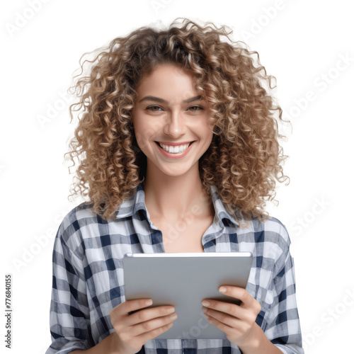 Wallpaper Mural woman with curly hair wearing shirt holding tablet computer isolated on transparent background Torontodigital.ca
