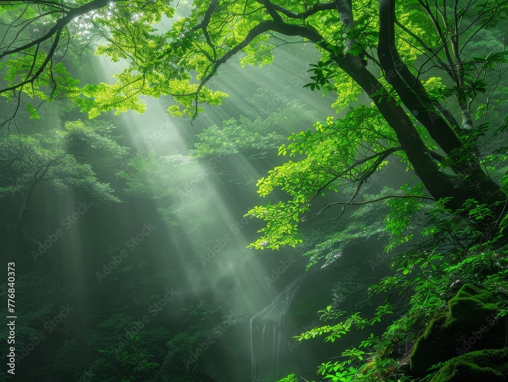 Sun rays peek through the trees of a misty green forest landscape