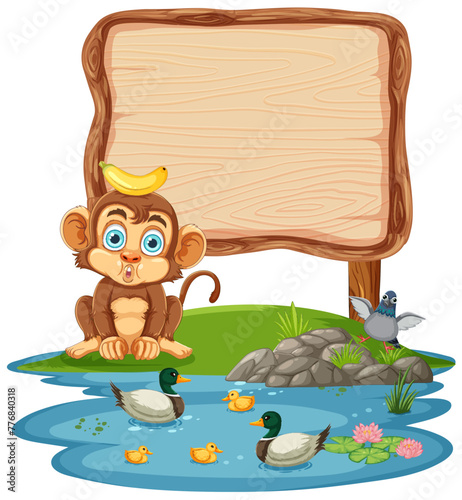 Cute monkey with ducks and signboard by water
