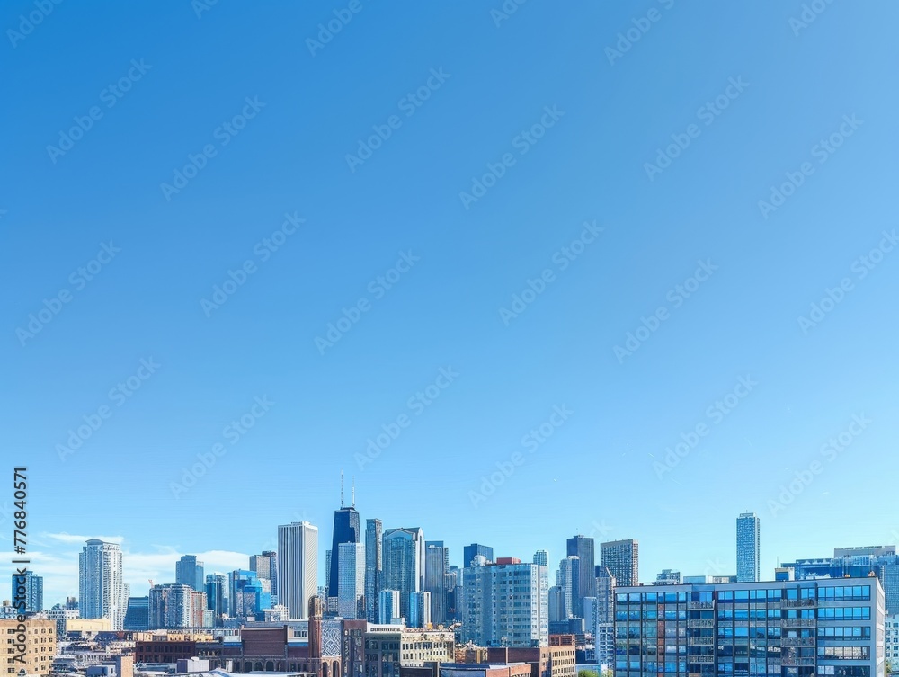 Towering skyscrapers pierce a clear blue sky in a bustling downtown business district