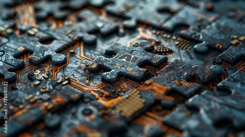 Close-up view of a circuit board with advanced electronic components highlighted in orange tones, suggesting high-tech and artificial intelligence themes