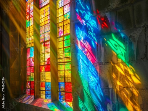 Colorful light filters through a decorative stained glass window in a church, creating a beautiful artistic pattern