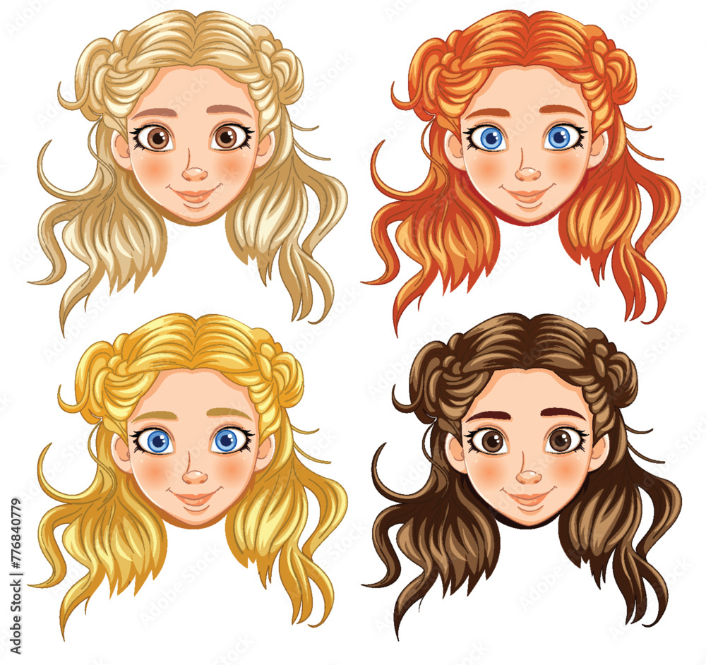 Four cartoon girls with different hair colors and styles. Four cartoon girls with different hair colors and styles.