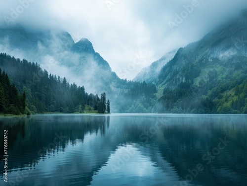 Serene mountain lake reflects snow-capped peaks at sunrise, mist clinging to the firs along the shore photo
