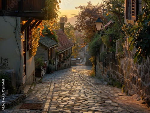 Sun-dappled leaves carpet a narrow cobblestone alleyway lined with ancient stone buildings in a charming Italian town