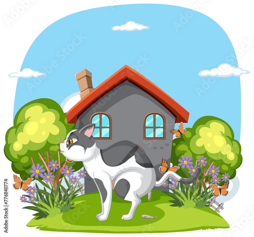 A playful cat surrounded by butterflies near a house