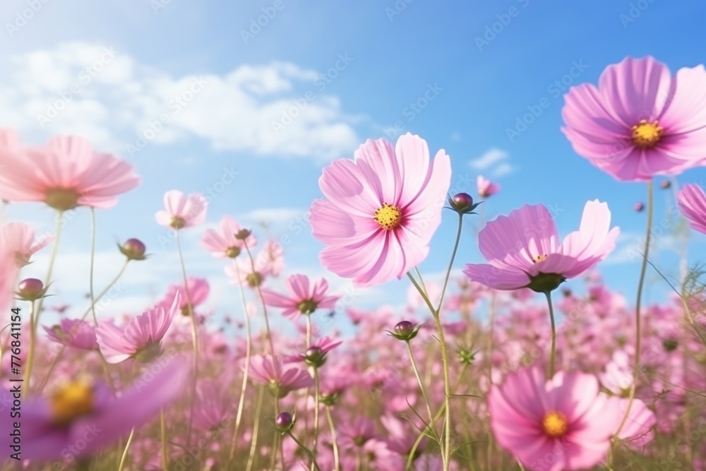 Pink flowers in a field on the background of the sky
