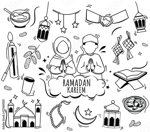 Beautiful Ramadan Kareem Hand Drawn Doodle. Illustration of a collection of lanterns, a mosque, two smiling teenagers on a white and black background.
