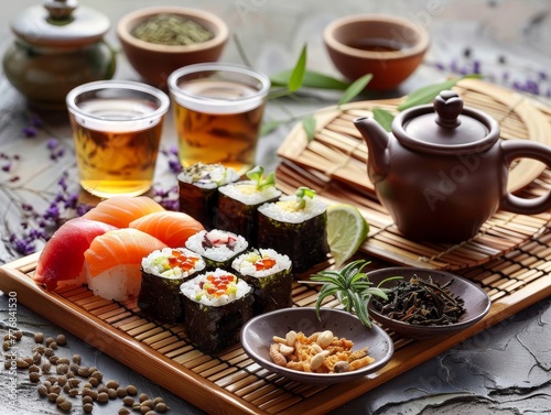 A beautiful Japanese table setting features fresh sushi  a steaming tea set  and colorful side dishes for a delicious and healthy meal