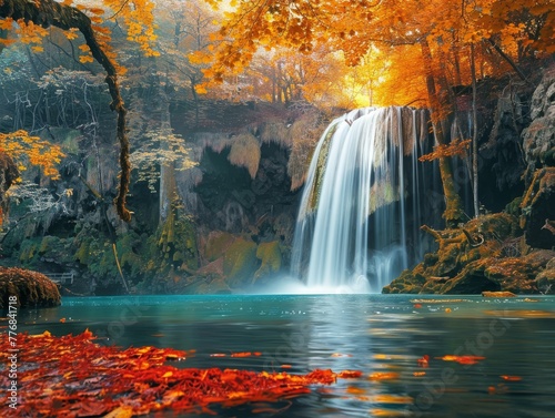A cascading waterfall tumbles down moss-covered rocks amidst a vibrant autumn forest
