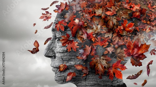 Dementia concept: Head with brain of withered autumn leaves