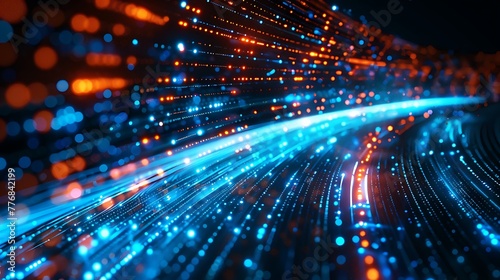 Abstract image of blue and orange fiber optics creating a dynamic wave of light on a dark background, symbolizing high-speed data transmission and futuristic technology. 