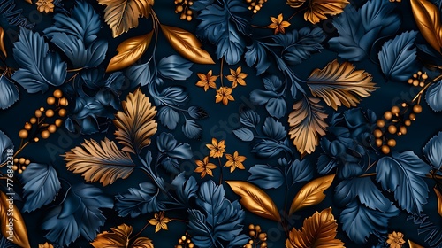 Elegant floral pattern with gold and blue leaves on a dark background creating a luxurious feel for various design purposes. 