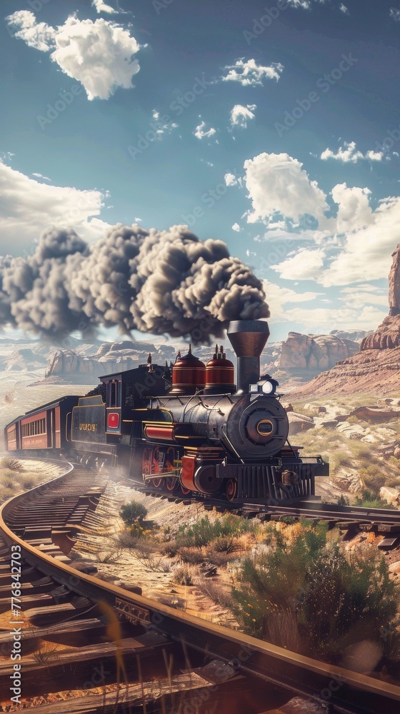 Fototapeta premium Wild West train heist steam and speed
