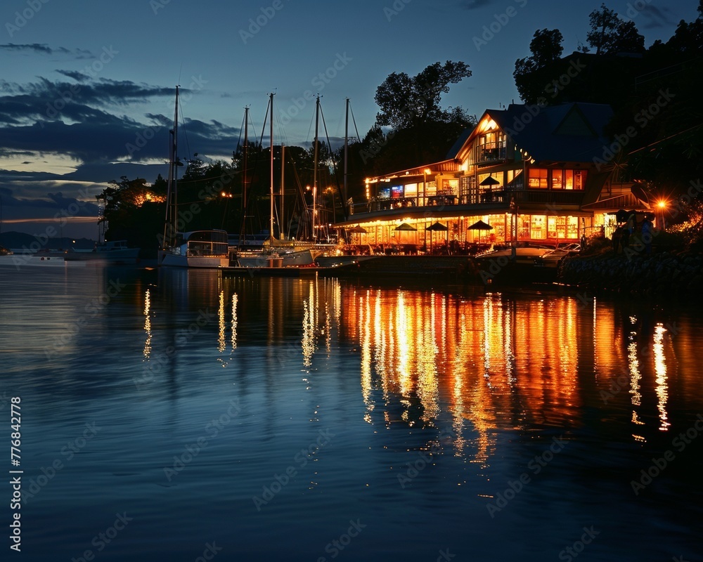 Yacht club at night lights reflecting on calm waters