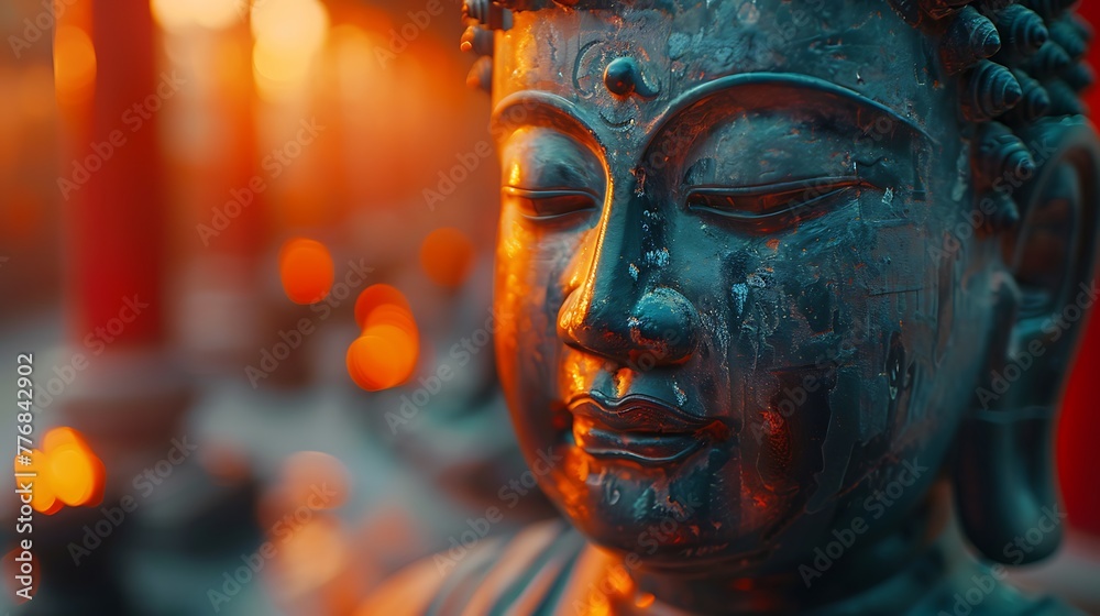 Close-up of a serene Buddha statue with a warm orange background, imbued with spirituality and peace. 