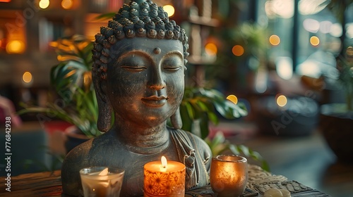A tranquil Buddha statue with lit candles in a serene, ambient setting.  © Vivid Canvas