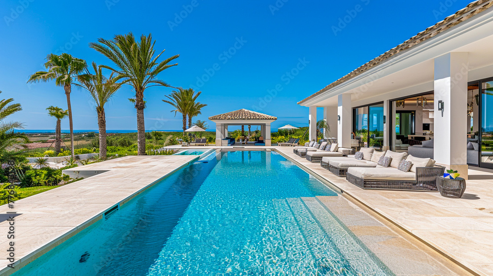 Luxurious poolside with modern design, serene atmosphere for unwinding and sunbathing Luxurious poolside with modern design, serene atmosphere for unwinding and sunbathing