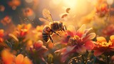 A vibrant close-up image of a bee pollinating a flower with a warm, sunlit backdrop radiating natural beauty and serenity. 