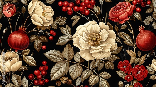 Elegant floral pattern with lush blooms and fruits on a dark background, adding a luxurious feel to any design project. 