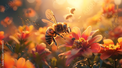 A vibrant close-up image of a bee pollinating a flower with a warm, sunlit backdrop radiating natural beauty and serenity.  photo