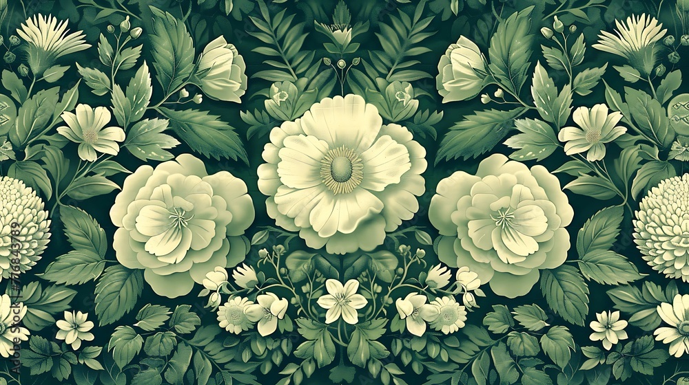 A seamless floral pattern with symmetrical design in muted tones suitable for wallpaper or textile printing. - obrazy, fototapety, plakaty 