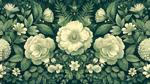 A seamless floral pattern with symmetrical design in muted tones suitable for wallpaper or textile printing.