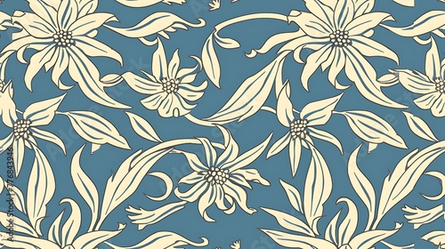 Elegant floral pattern with stylized flowers and leaves on a blue background for versatile design use.