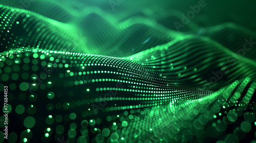 Abstract Green Digital Wave Pattern Background . An abstract image showcasing a flowing digital wave pattern with glowing green dots, symbolizing digital data motion or network connectivity. 