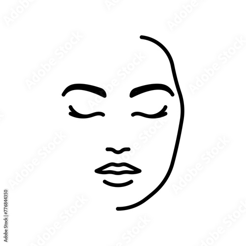 Female face, line icon. Woman head, closed eyes, lips, nose, face line. Minimalist sign for cosmetic product packaging, web, design. Linear illustrations, editable strokes