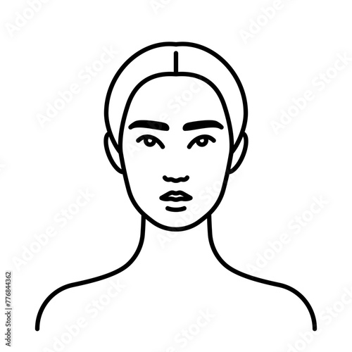 Asian woman, line icon. Asian ethnicity. Portrait young woman. Female face, head, neck, shoulders, front view. Minimalist style, linear illustration, editable strokes