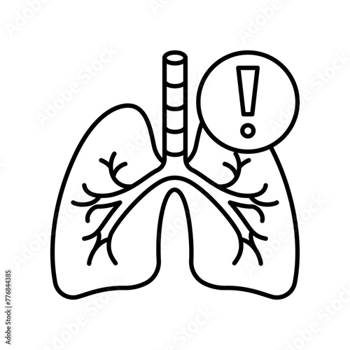 Trouble breathing, linear icon. Human lungs and exclamation mark. Health screening and attention to respiratory system. Line icon, outline illustration, editable stroke.