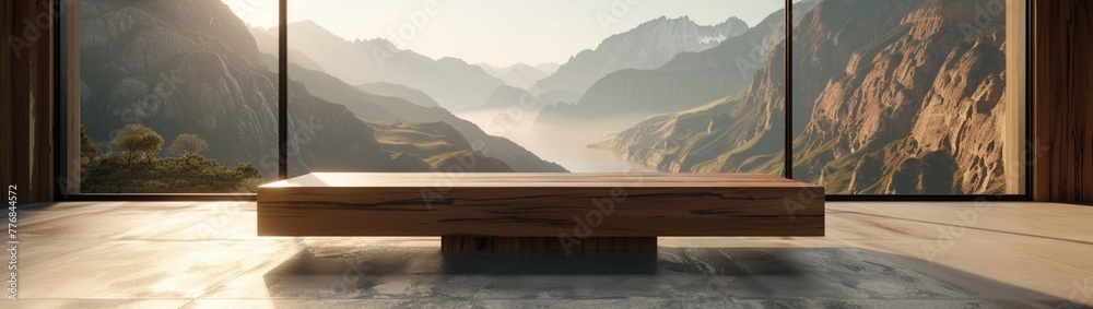 A contemporary podium crafted from sleek walnut wood, with clean lines and minimalist design, set against a backdrop of floor-to-ceiling windows overlooking a scenic mountain vista.