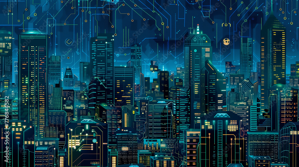 Abstract Neon Circuit Cityscape Illustration
. A digital illustration of a bustling neon cityscape, intricately intertwined with circuit patterns, highlighting a synthesis of urban development and tec