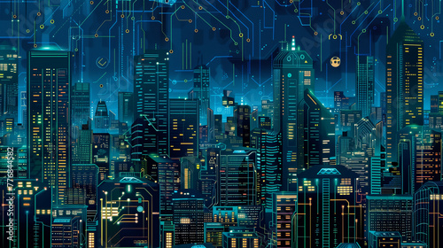 Abstract Neon Circuit Cityscape Illustration . A digital illustration of a bustling neon cityscape, intricately intertwined with circuit patterns, highlighting a synthesis of urban development and tec